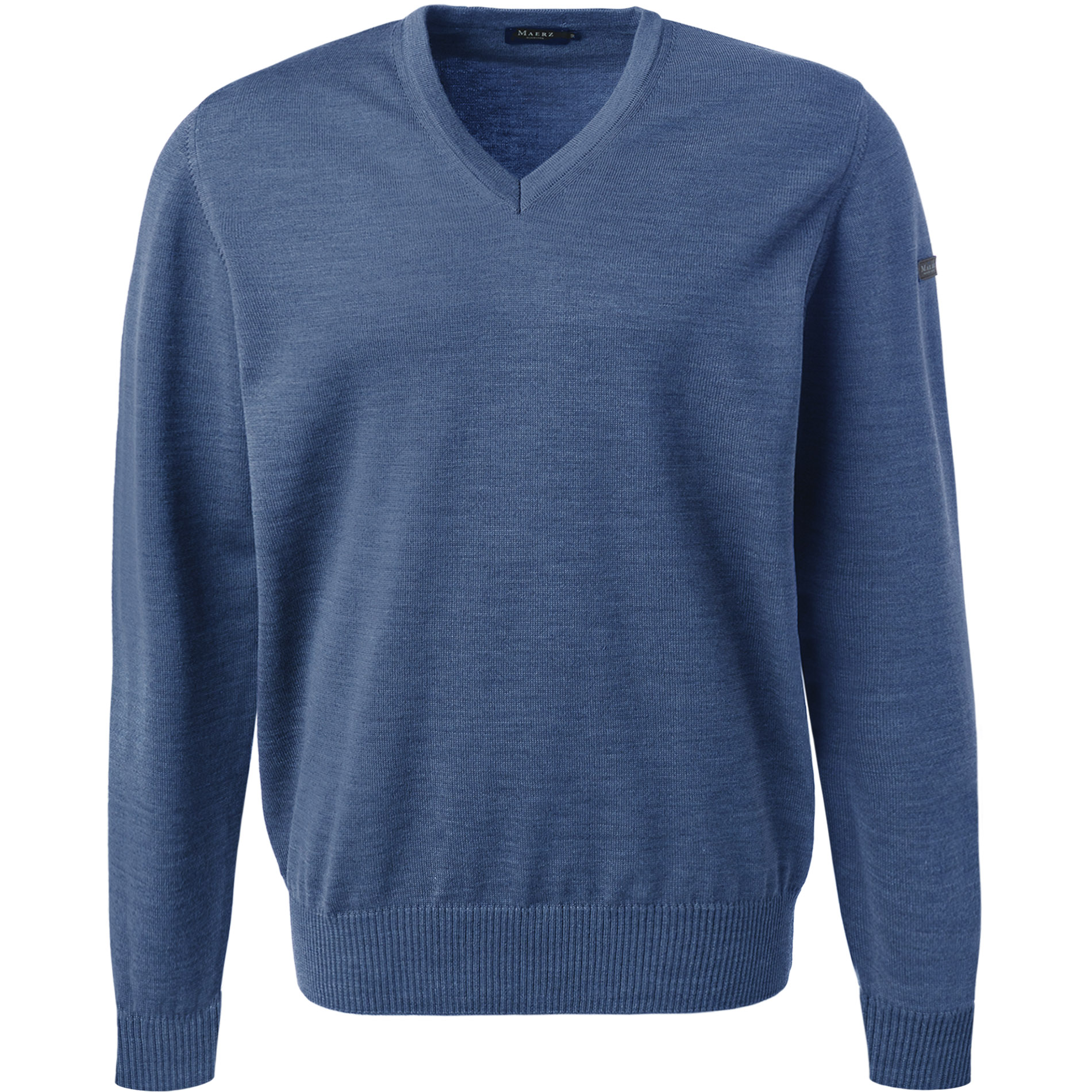 MAERZ Muenchen Herren V-Pullover blau Merinowolle unifarben