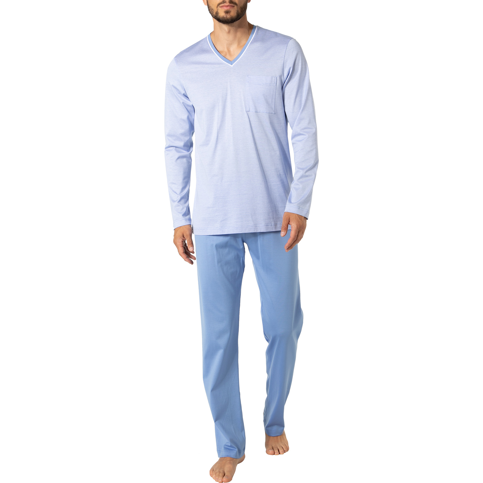Novila Herren Pyjama blau Jersey-Baumwolle meliert