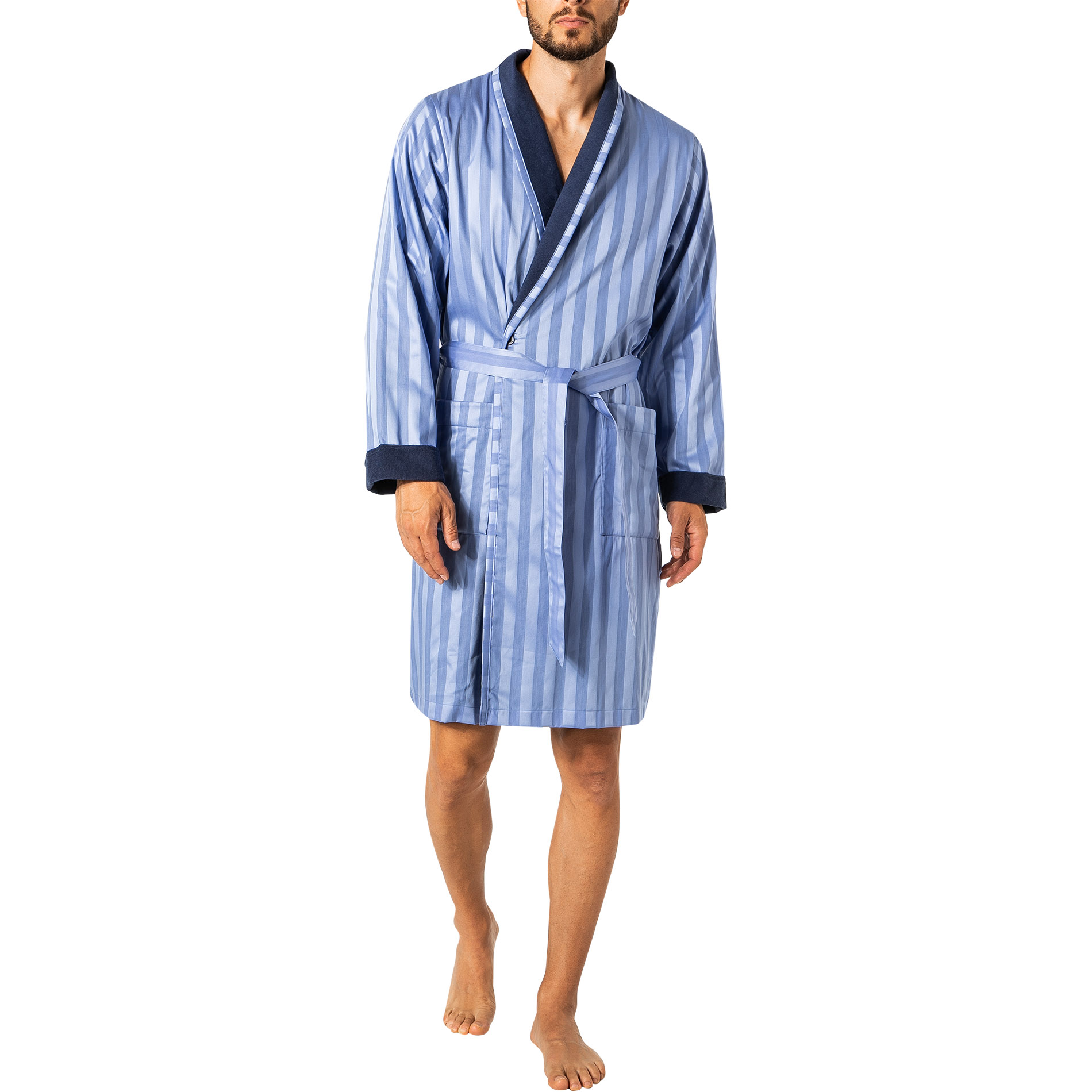 Novila Herren Hausmantel blau Satin gestreift