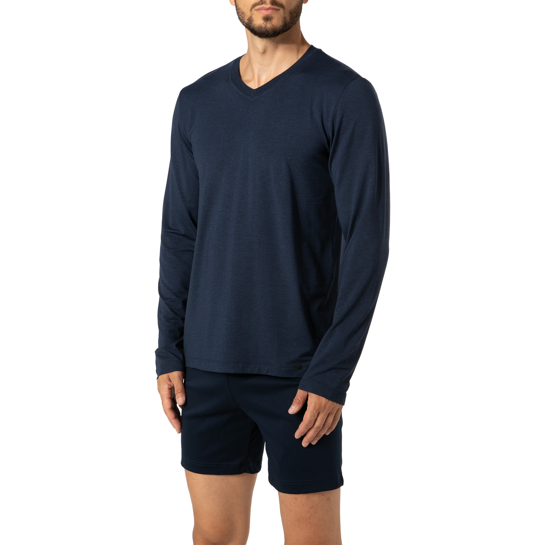 HANRO Herren Longsleeve blau Mikrofaser meliert