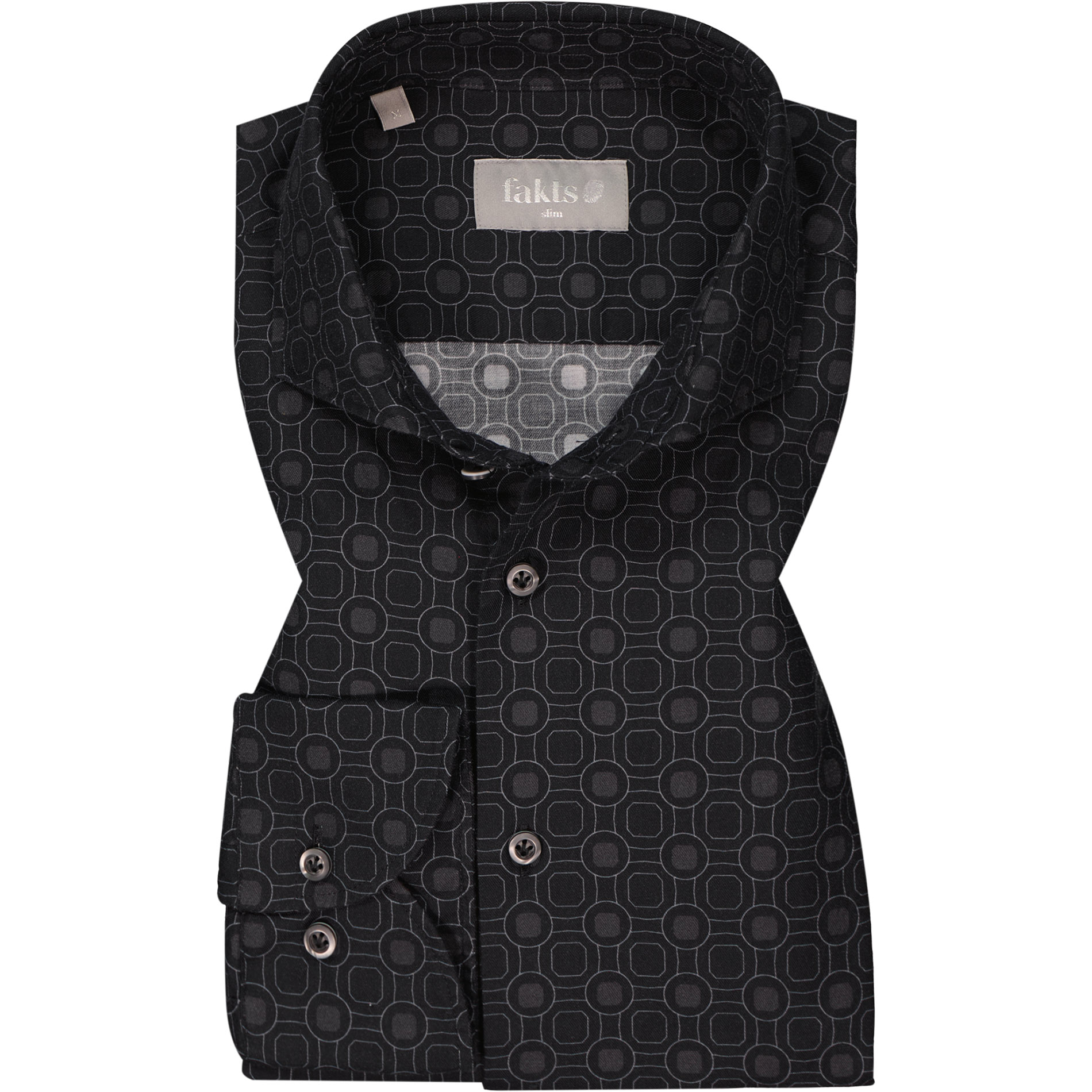 fakts Herren Hemd schwarz Baumwolle gemustert Slim Fit