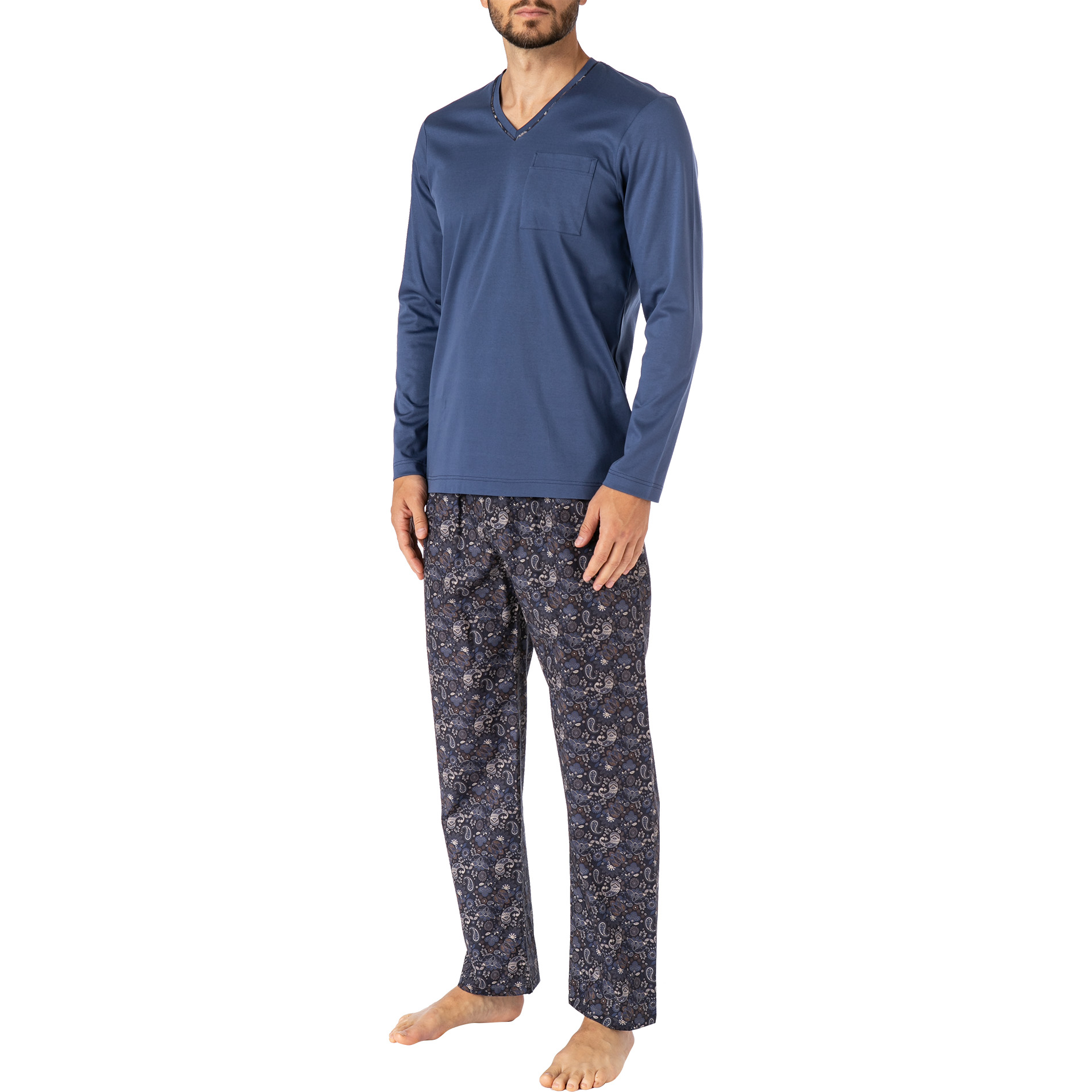 Novila Herren Pyjama blau Baumwolle gemustert