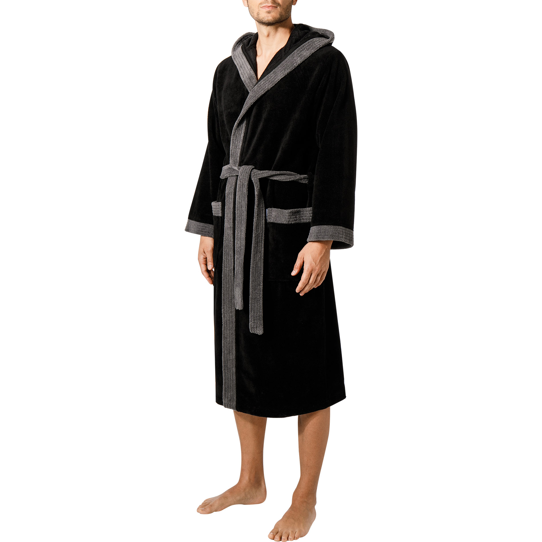 Morgenstern Herren Kapuzenbademantel schwarz Baumwolle unifarben