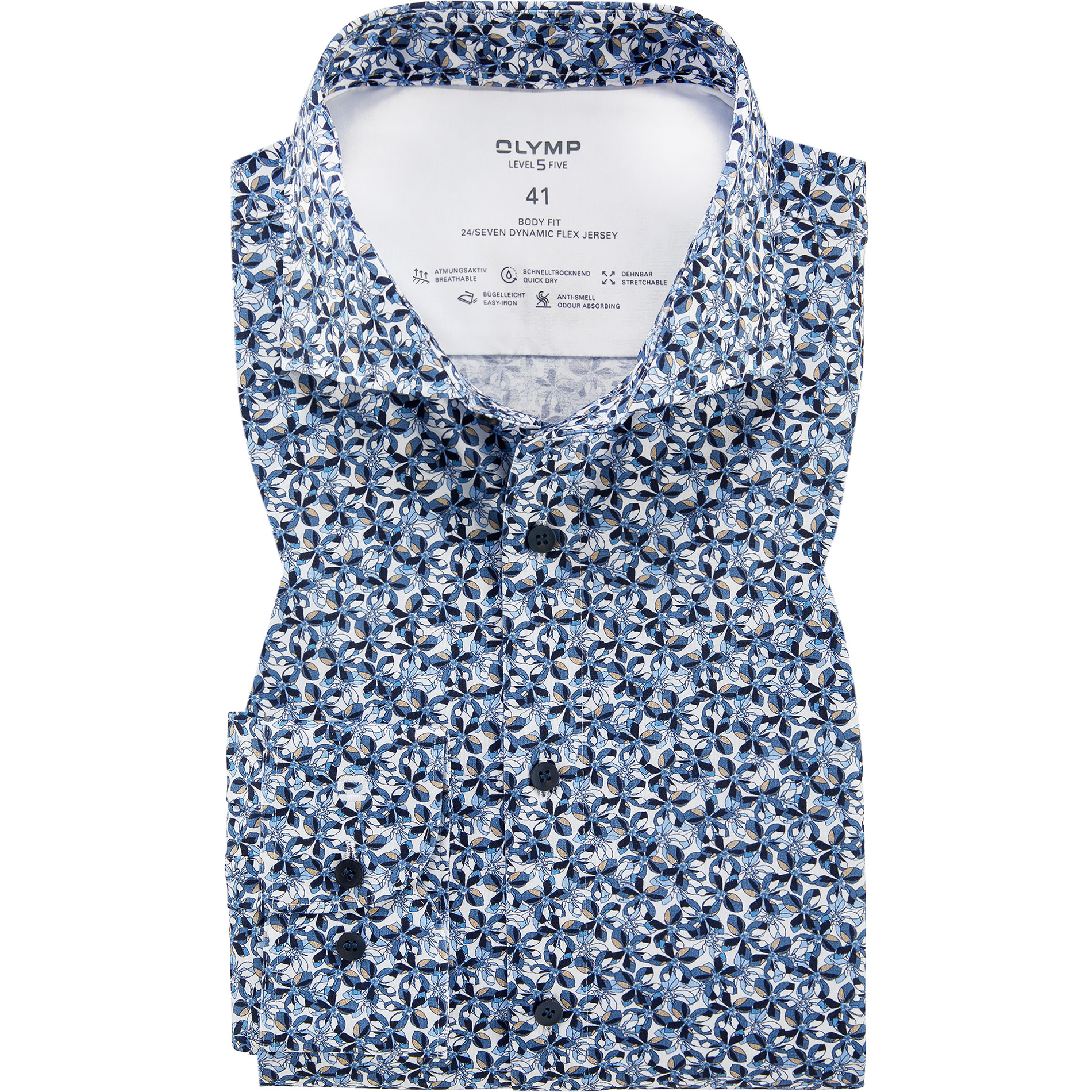 OLYMP Herren Hemd blau Jersey geblümt