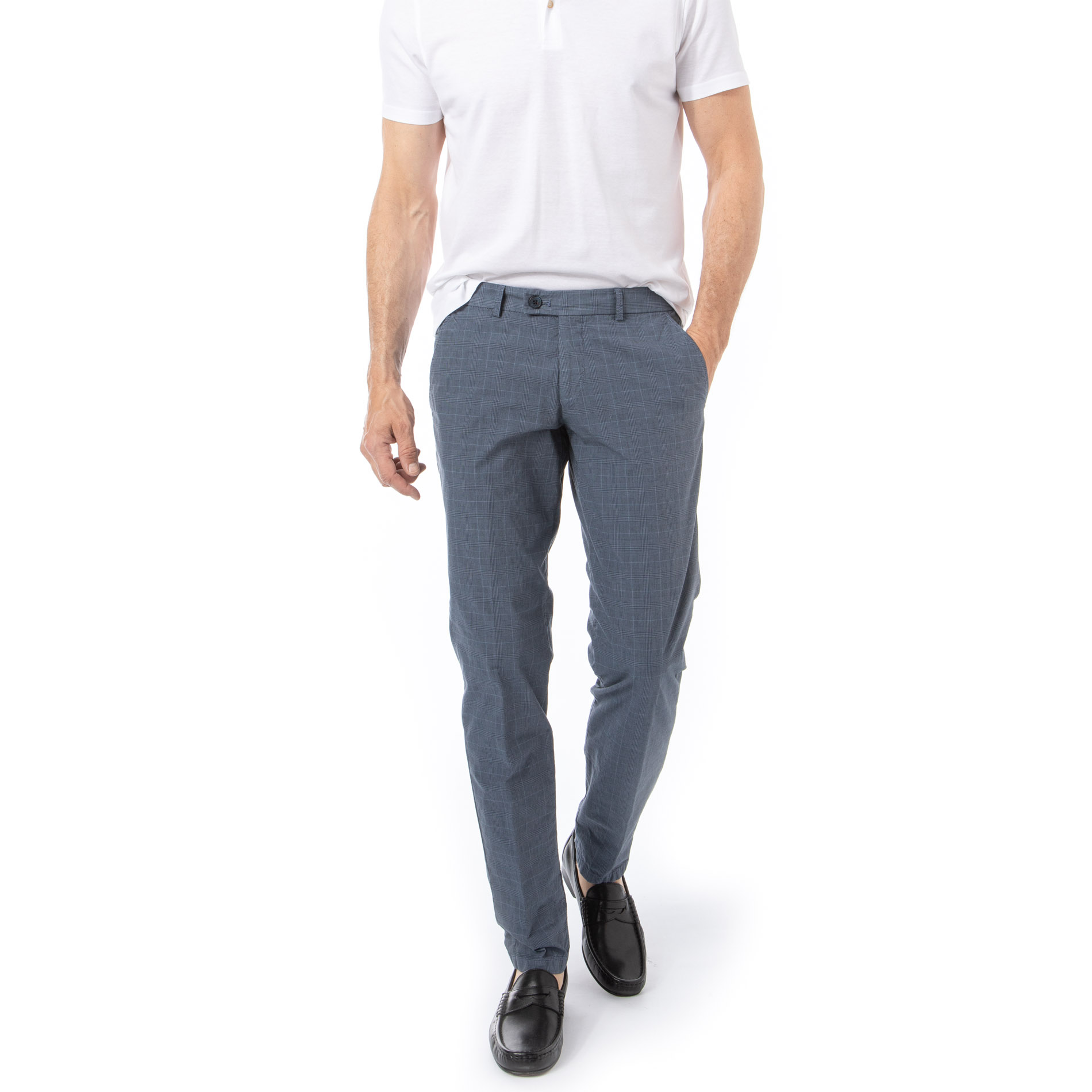 HILTL Herren Hose blau Baumwolle kariert Slim Fit