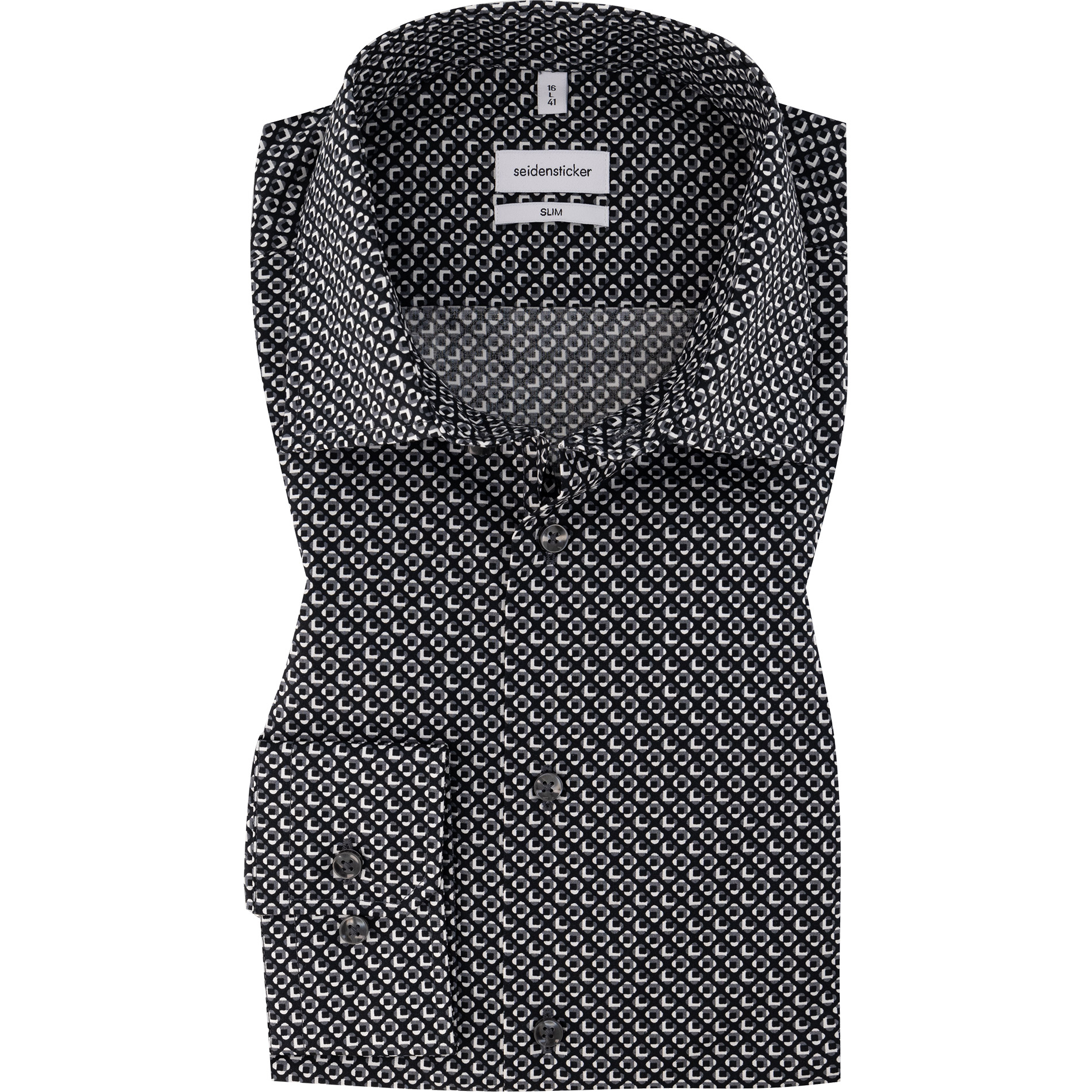 Seidensticker Herren Hemd schwarz Baumwolle gemustert Slim Fit