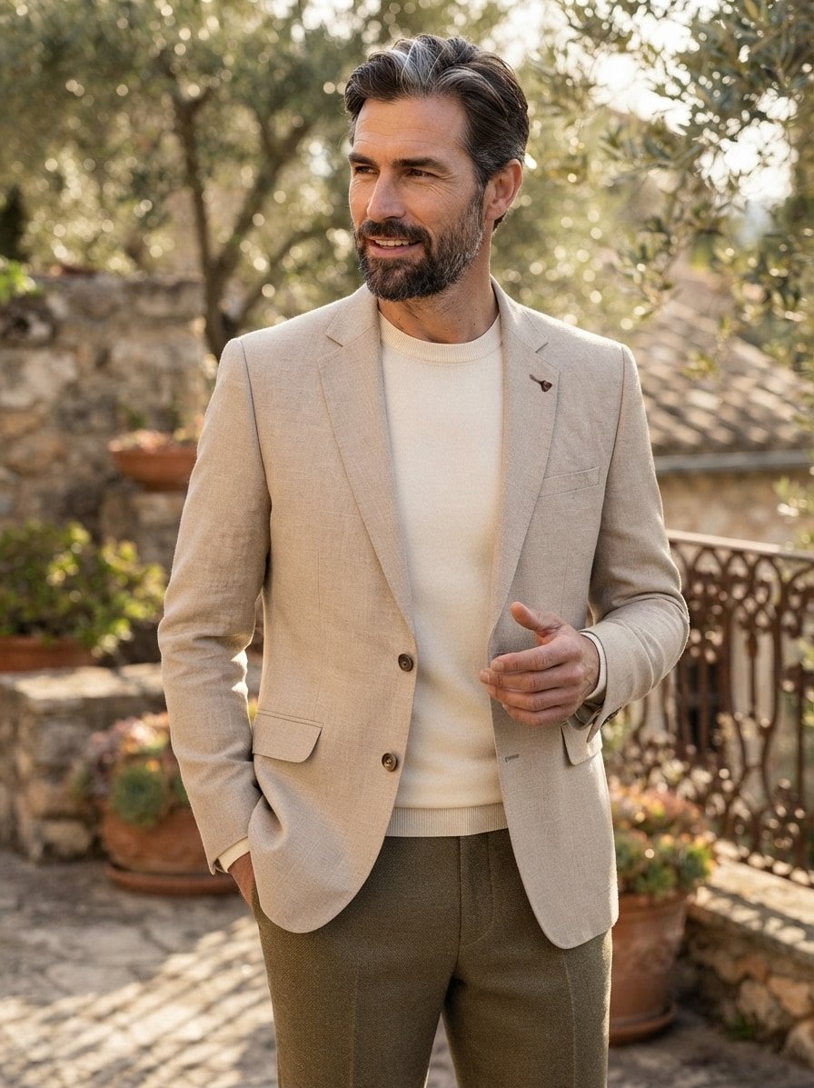Sakko, Slim Fit, Leinen-Baumwolle, hellbeige meliert