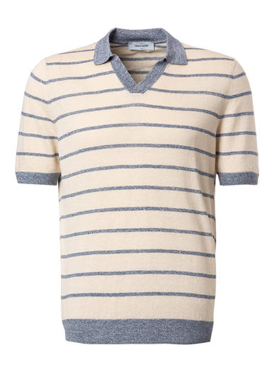 Polo-Shirt, Baumwoll-Strick, beige-blau gestreift