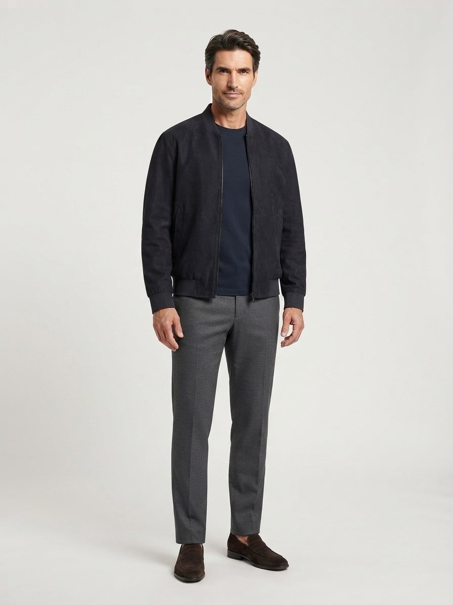 Lederblouson, Ziegenvelours, navy