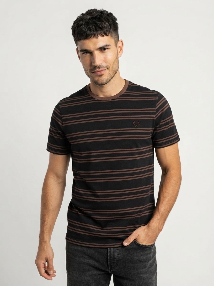 T-Shirt, Baumwolle, schwarz-braun gestreift