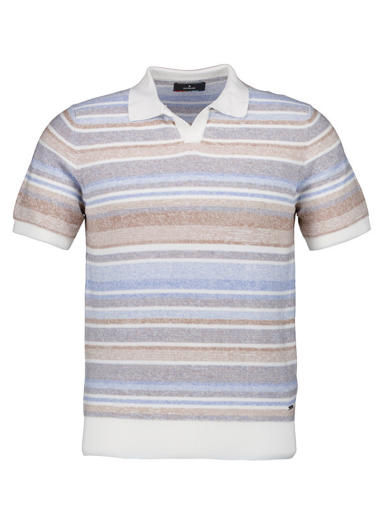 Polo-Shirt, Baumwoll-Strick, blau-sand gestreift