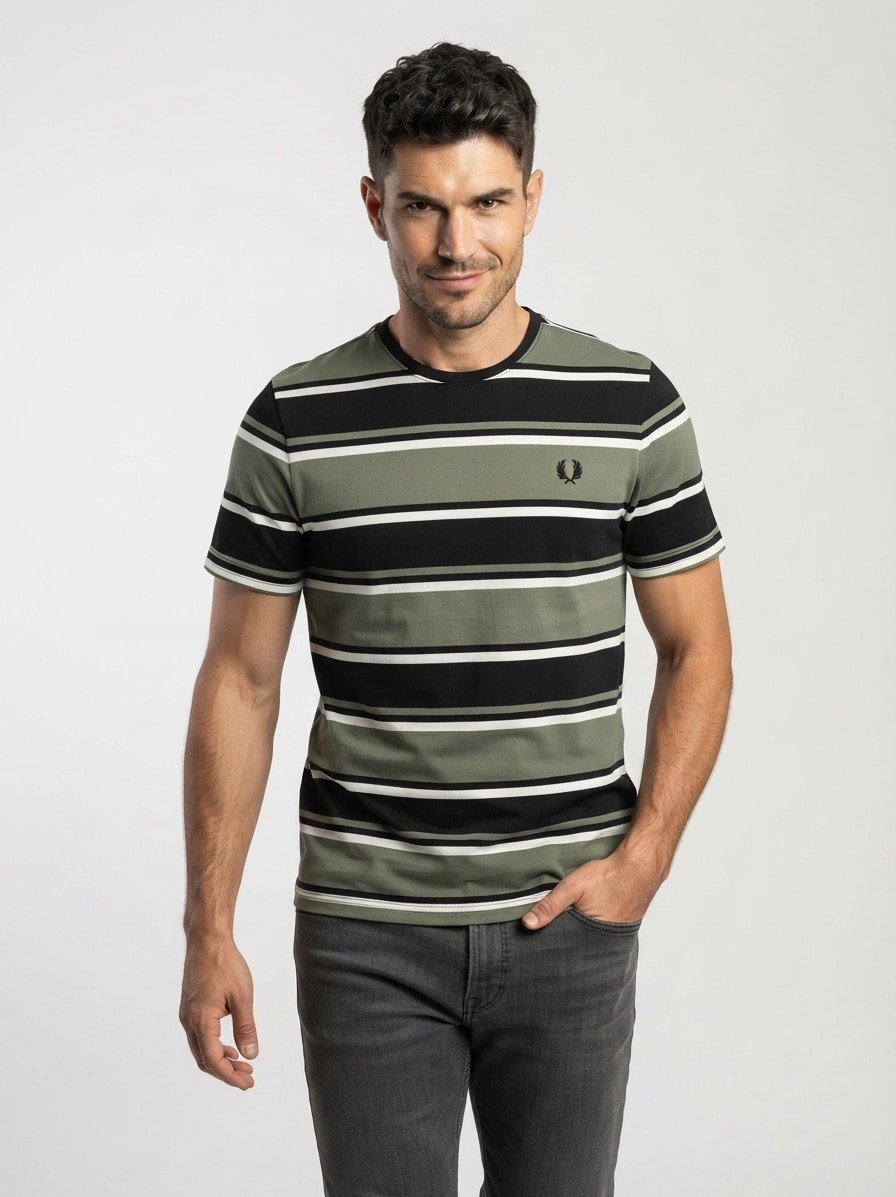 T-Shirt, Baumwolle, schwarz-grün gestreift