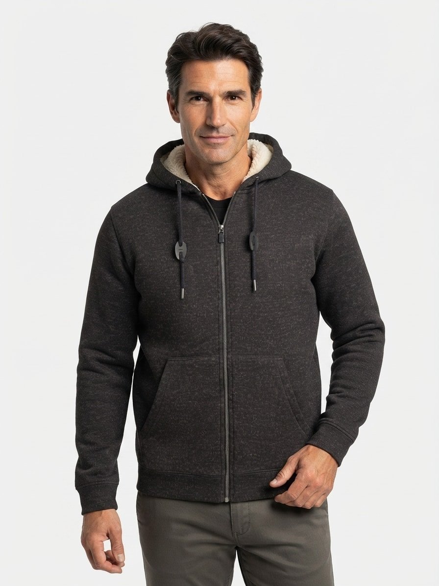 Strickjacke, Teddyfutter, schwarz meliert