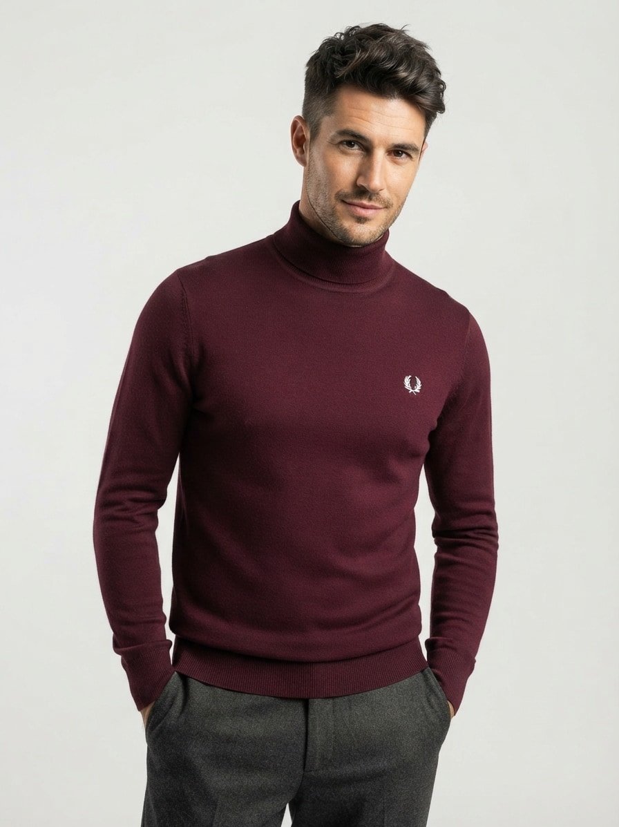 Rollkragenpullover, Wolle-Baumwolle, bordeaux