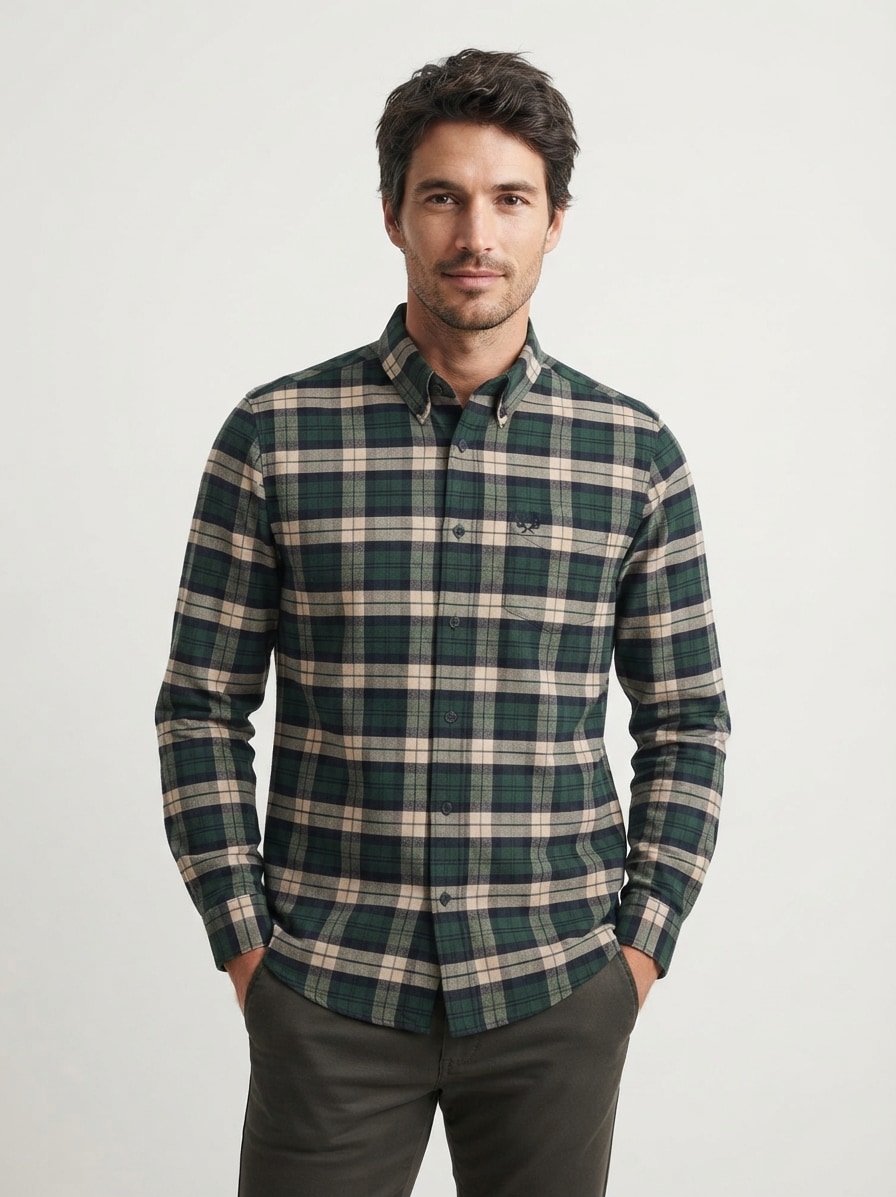 Hemd, Flanell, grün-beige kariert