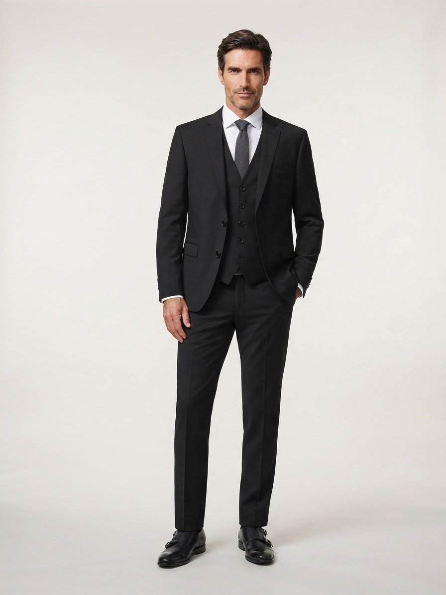 Anzug mit Weste, Regular Fit, Schurwoll-Stretch, schwarz