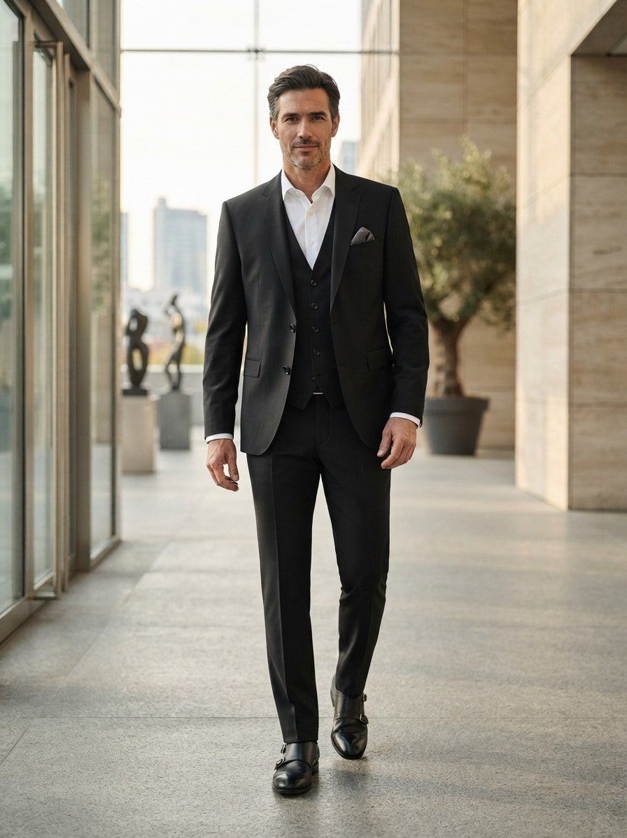 Anzug mit Weste, Regular Fit, Schurwoll-Stretch, schwarz