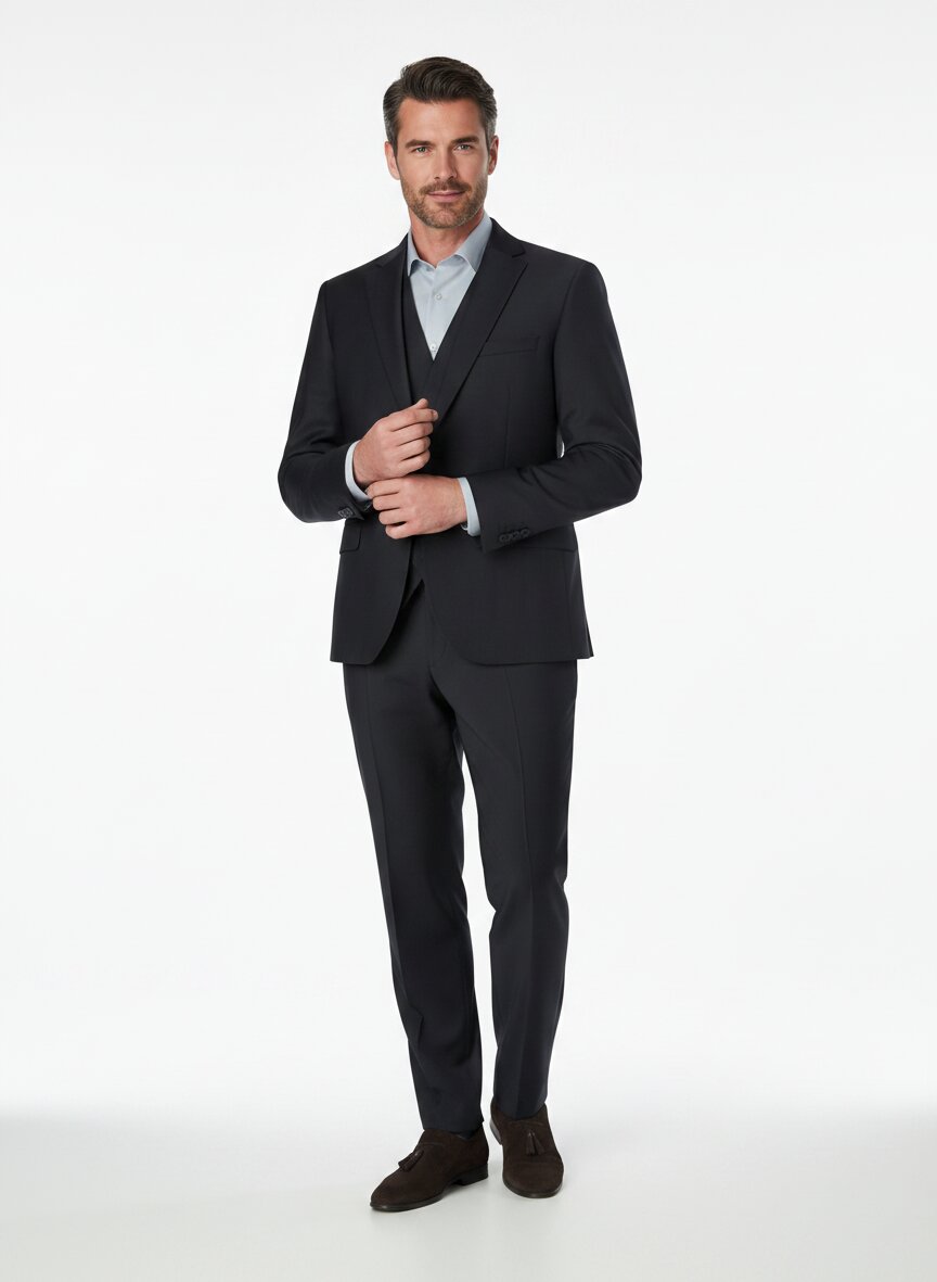 Anzug mit Weste, Regular Fit, Schurwoll-Stretch, nachtblau