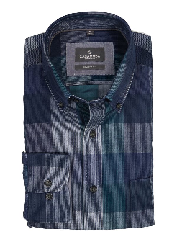 Hemd, Comfort, Feincord, Button-Down, Brusttasche, blau kariert