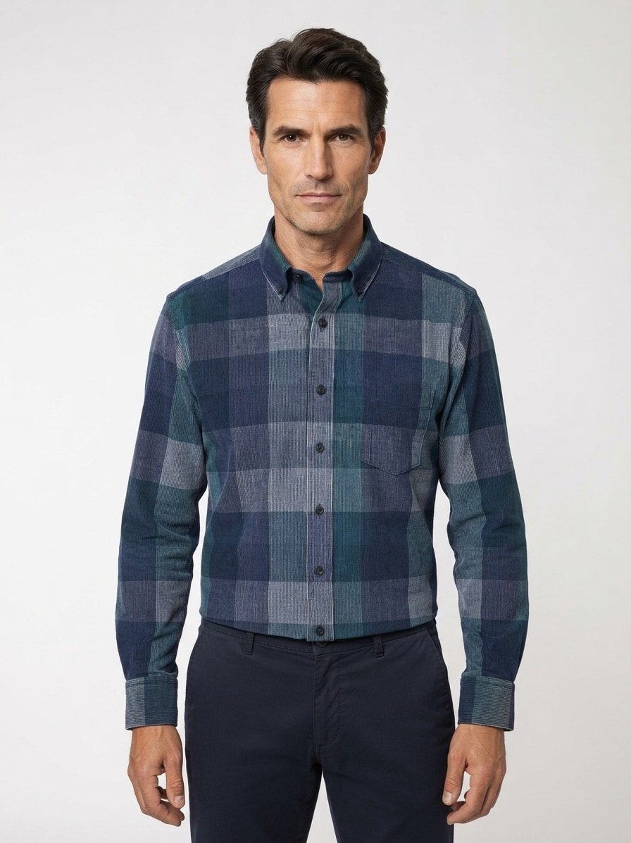 Hemd, Comfort, Feincord, Button-Down, Brusttasche, blau kariert