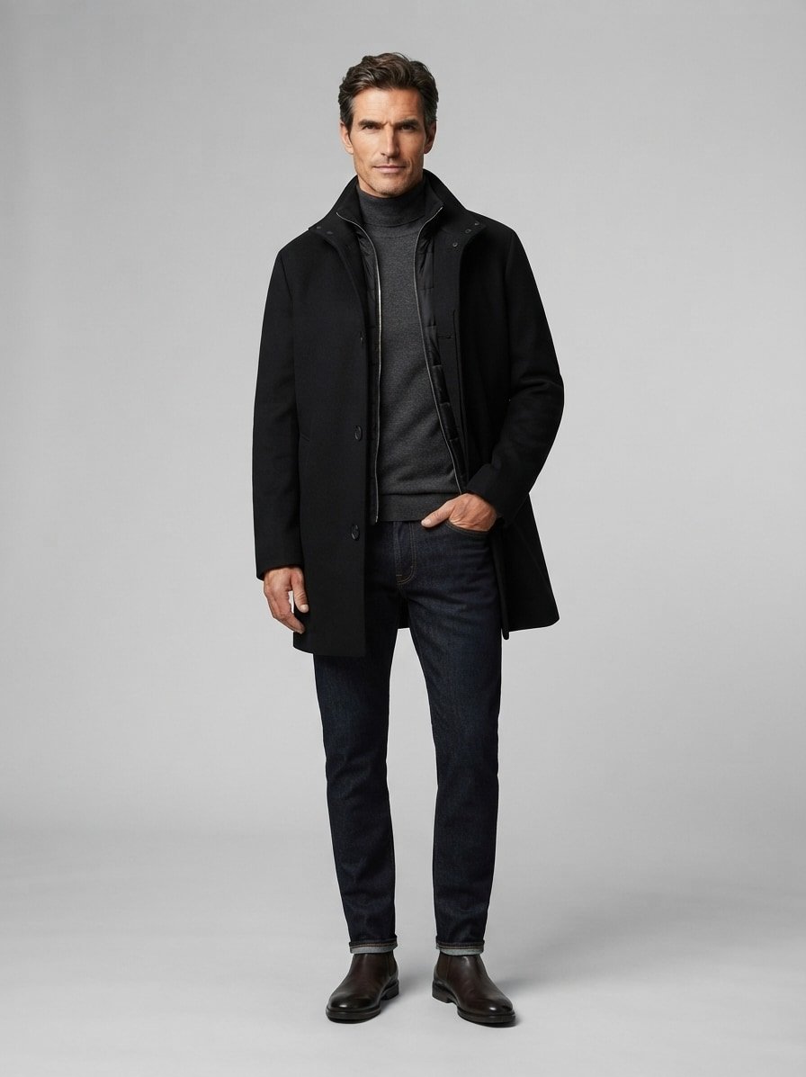 Jacke, Wolle, schwarz wattiert