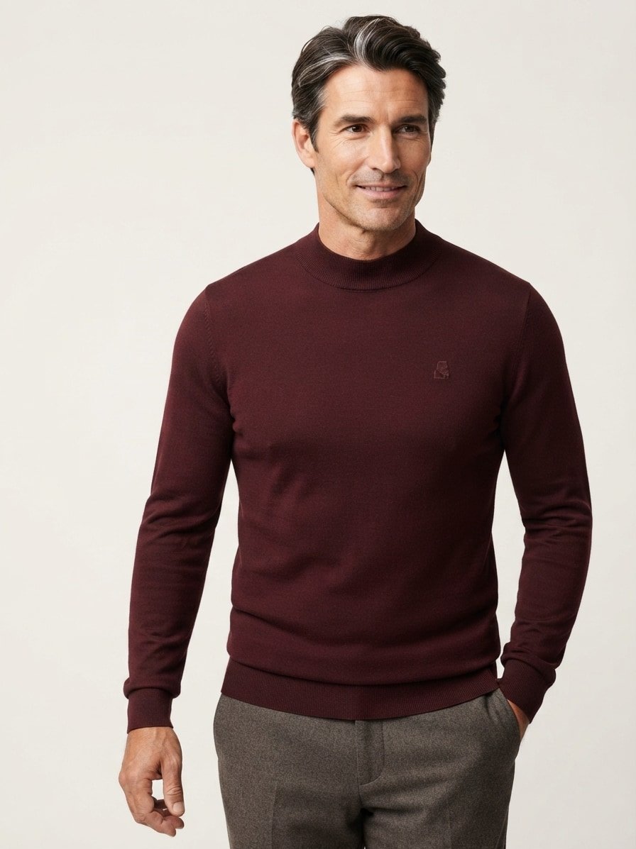 Stehkragenpullover, Merinowolle, merlot meliert