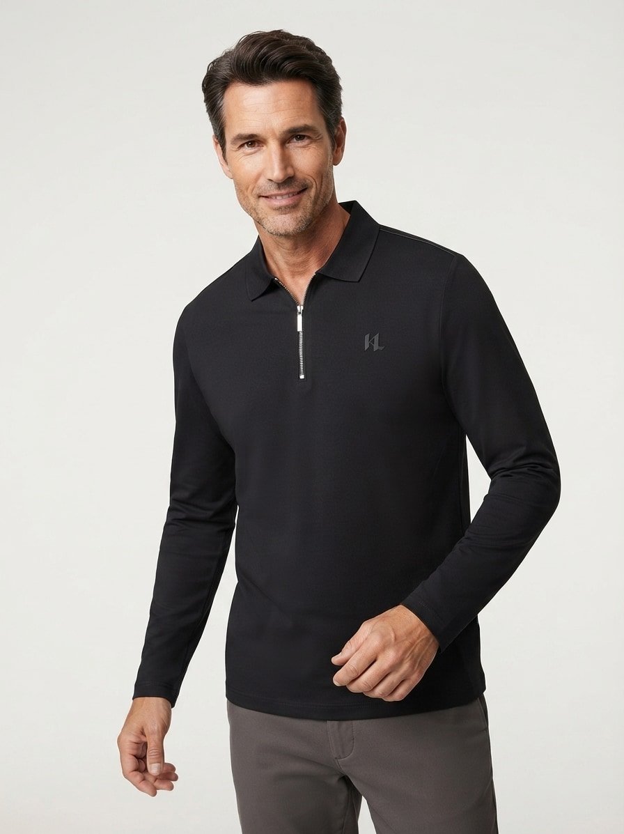 Zip-Polo, Baumwoll-Jersey, schwarz