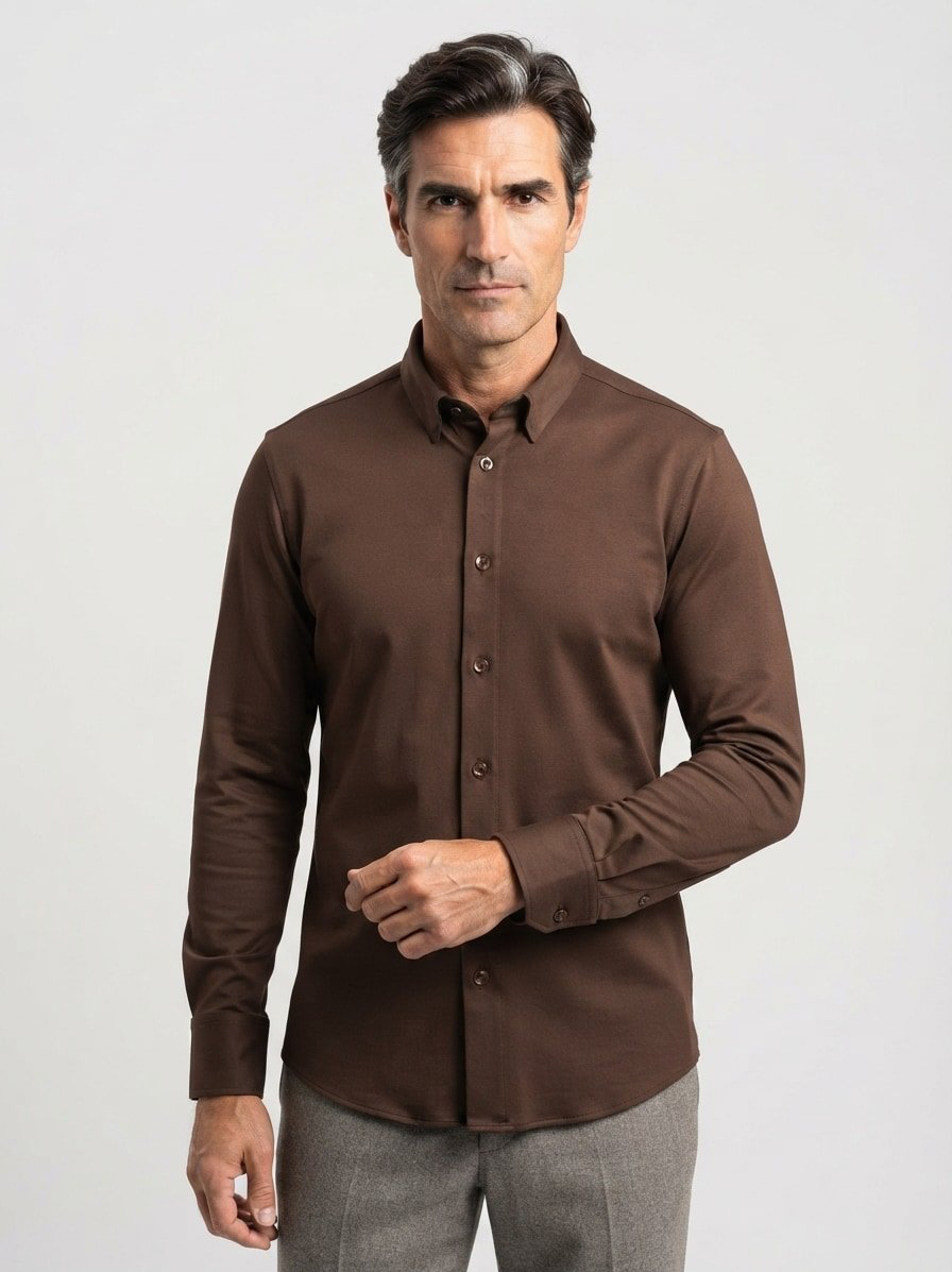Hemd Marco, Fitted, Jersey, Kent-Under Button, dunkelbraun