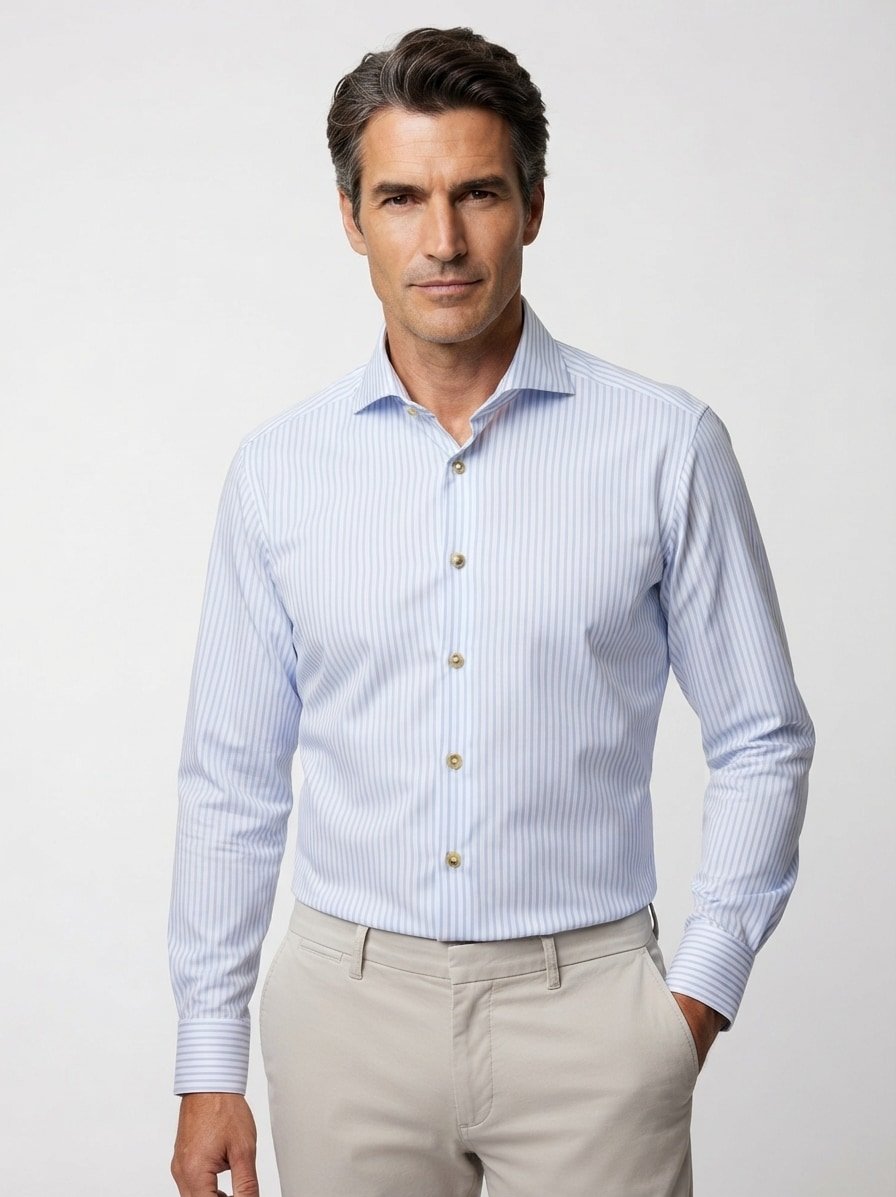 Hemd, Casual, Baumwolle, Haikragen, weiß-hellblau