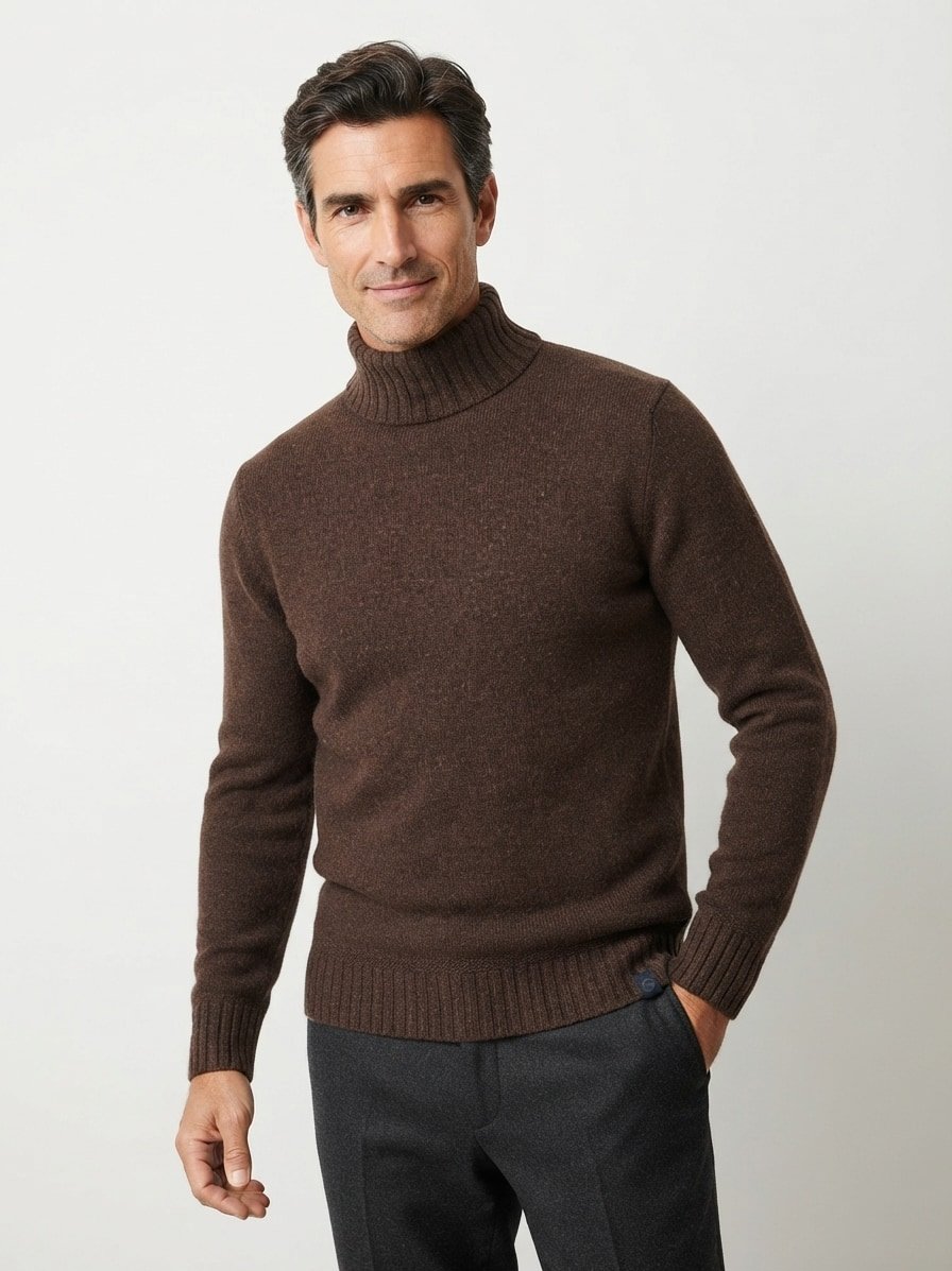 Rollkragen-Pullover, Wolle, dunkelbraun meliert