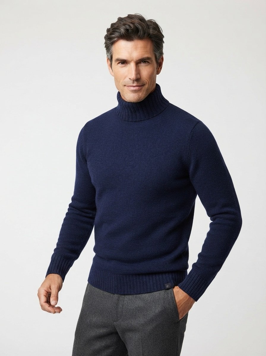 Rollkragen-Pullover, Wolle, dunkelblau meliert