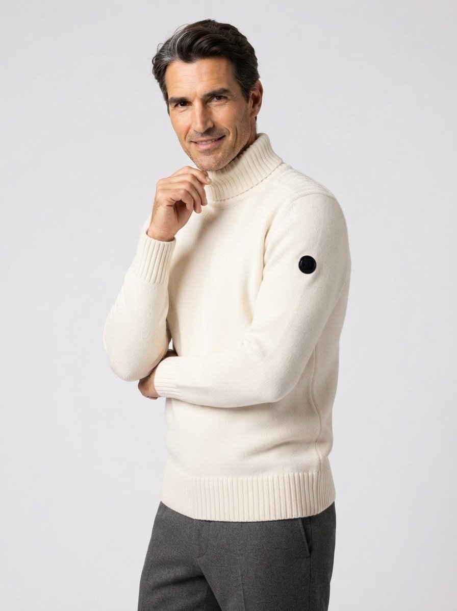 Rollkragen-Pullover, Baumwolle, ecru