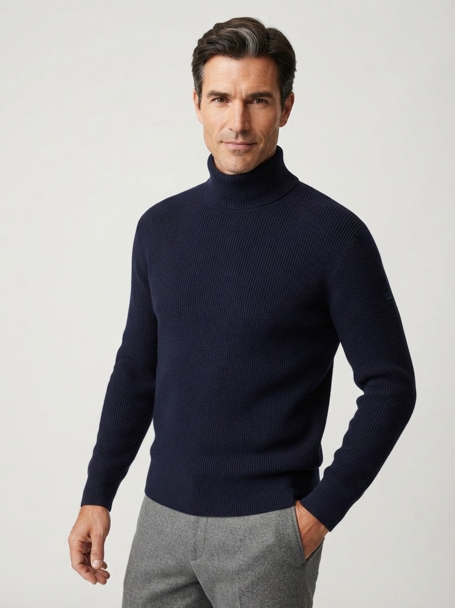 Rollkragen-Pullover, Woll-Mischung, navy strukturiert