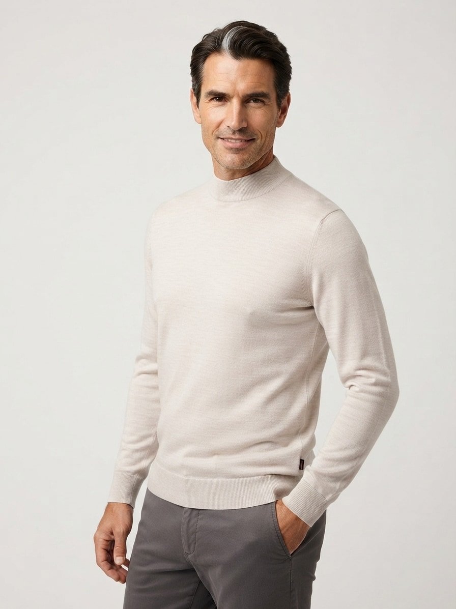 Stehkragenpullover Nando, Wolle-Seide, ecru meliert