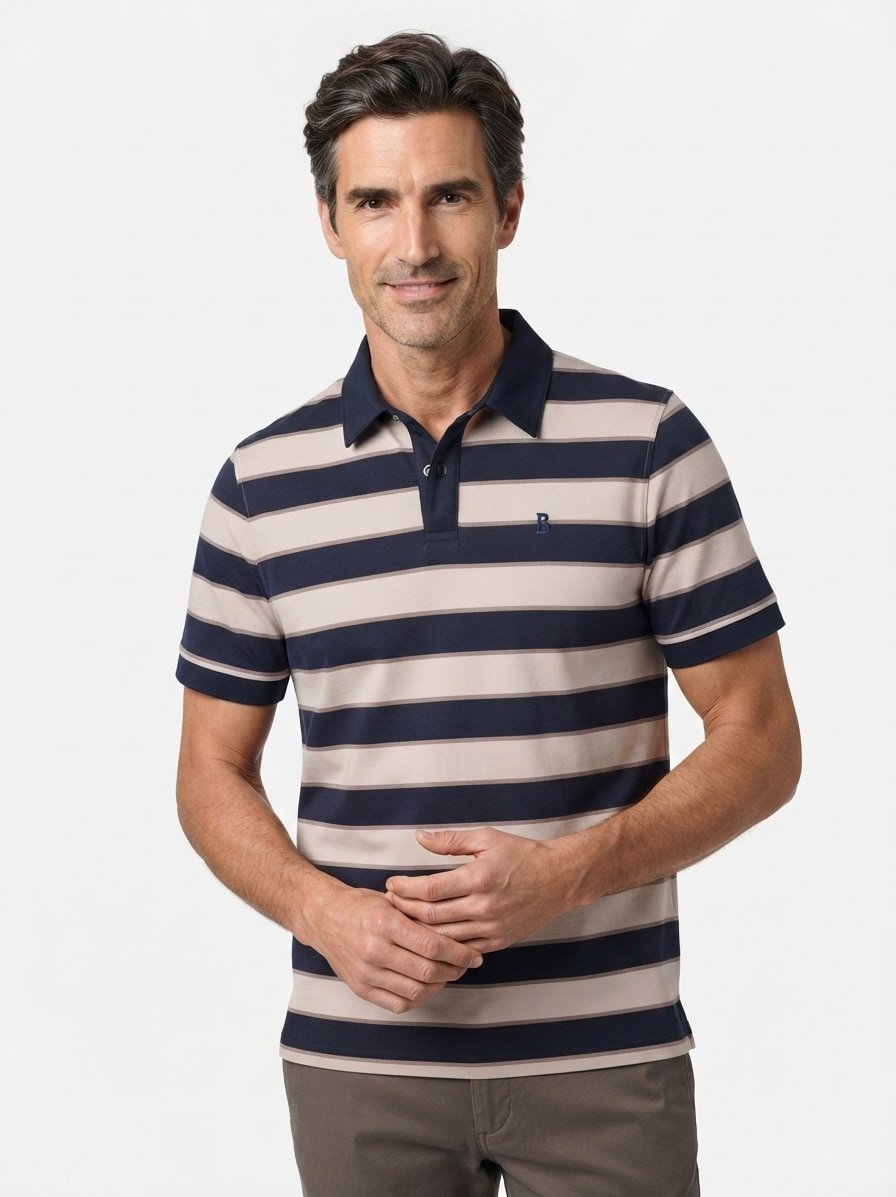 Polo-Shirt Timo-5F, Regular Fit, Baumwoll-Piqué, navy-sand gestreift