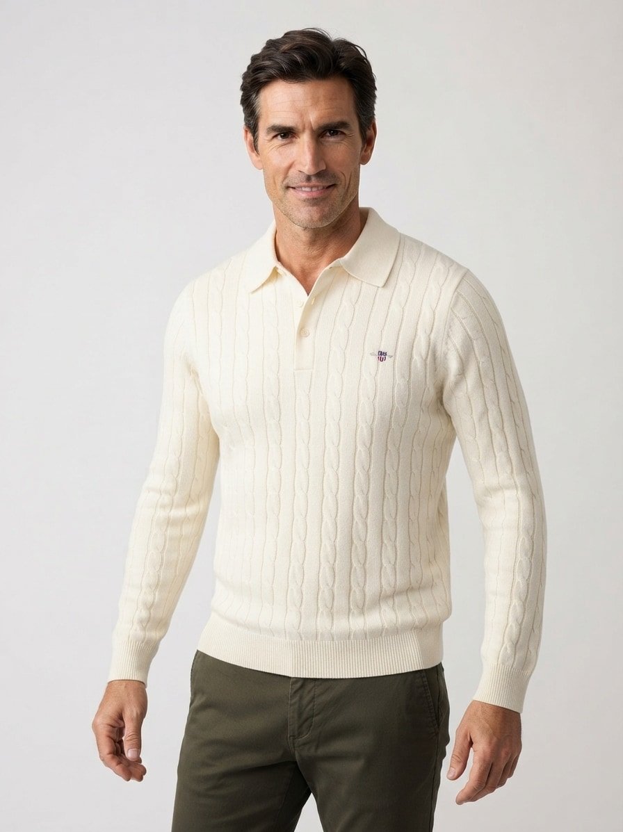 Pullover mit Polokragen, Baumwolle, ecru
