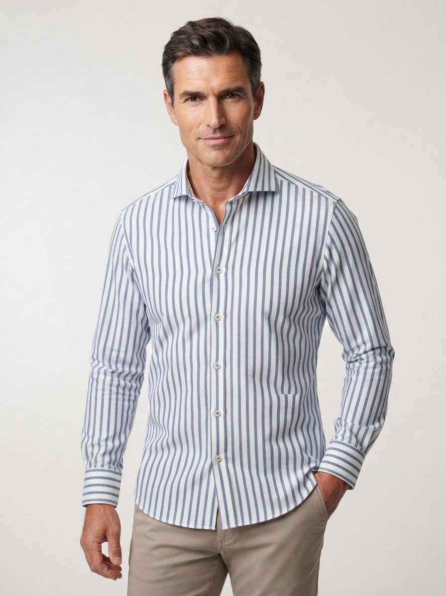 Hemd, Jersey geruchshemmend, Haifischkragen, weiß-dunkelblau gestreift