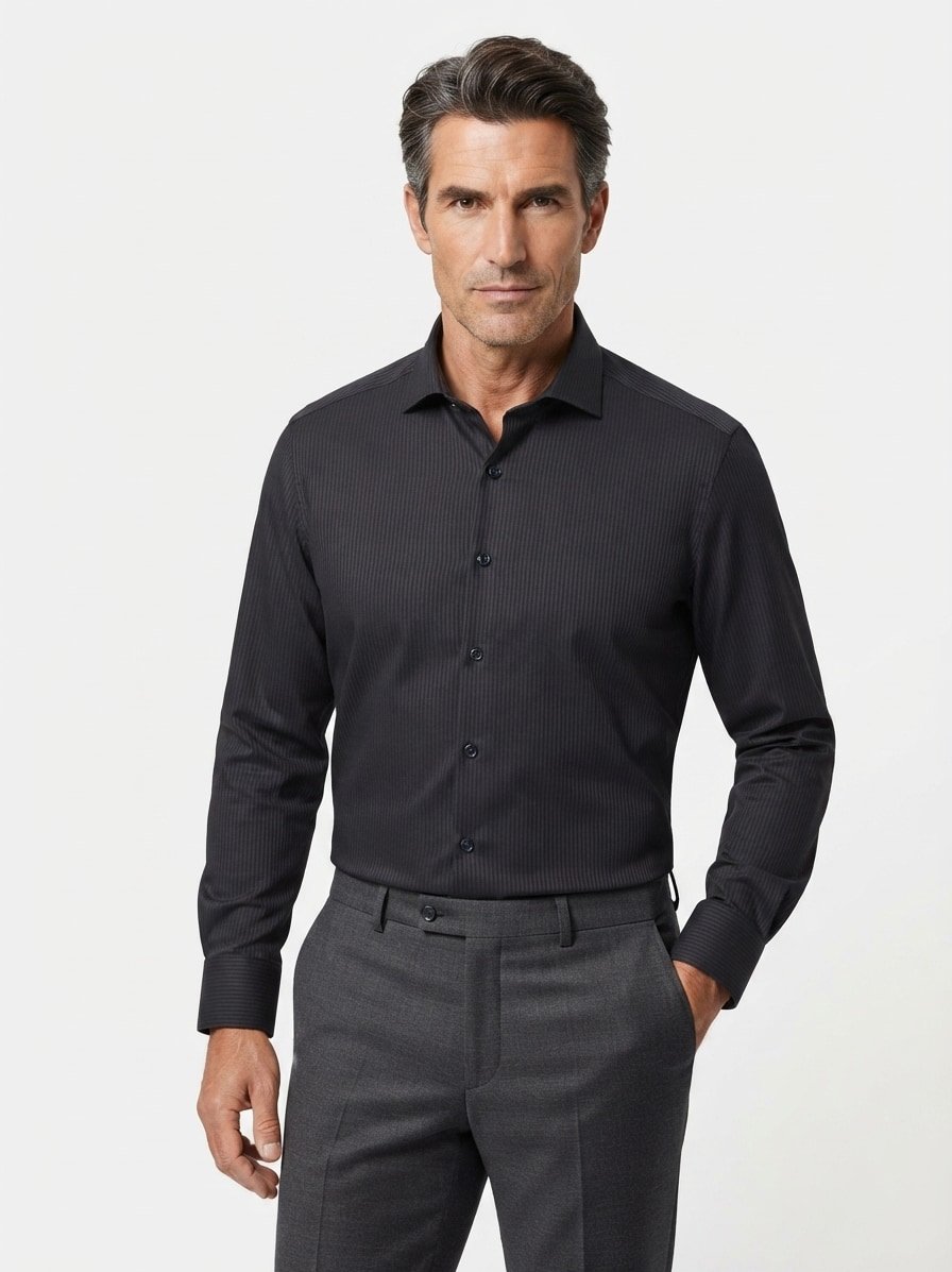 Hemd, Body, Baumwoll-Stretch, Kent, navy-schwarz gestreift