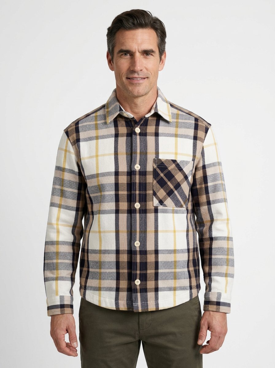 Overshirt Hadi, Baumwolle, Kent, Brusttasche, ecru-braun kariert