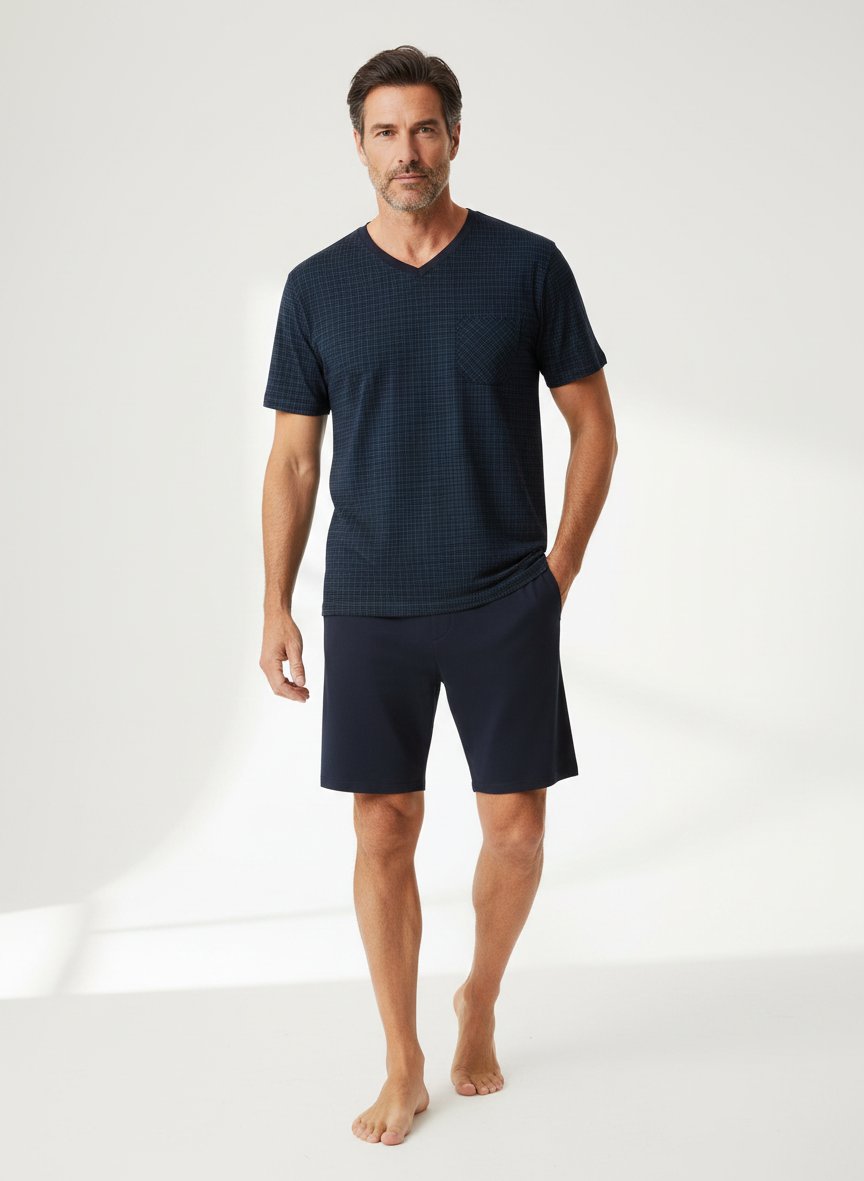 Pyjama, Baumwoll-Jersey, nachtblau kariert