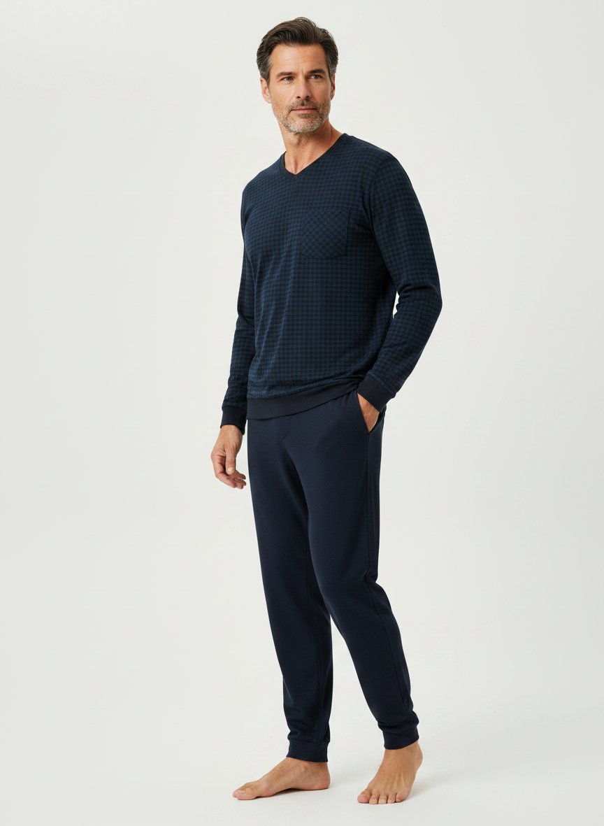 Pyjama, Baumwoll-Jersey, nachtblau kariert