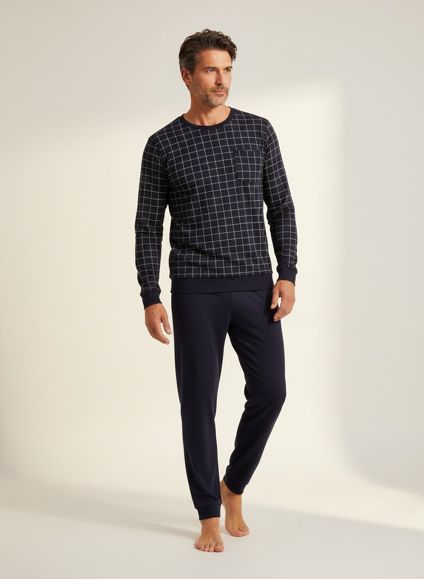 Pyjama, Baumwolle, nachtblau kariert