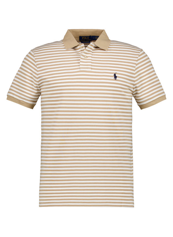 Polo-Shirt, Custom Slim Fit, Baumwoll-Piqué, khaki-weiß gestreift