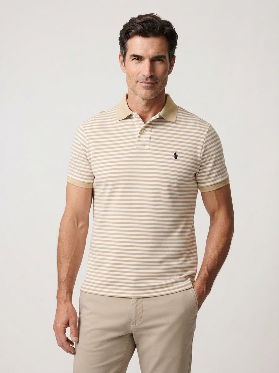 Polo-Shirt, Custom Slim Fit, Baumwoll-Piqué, khaki-weiß gestreift