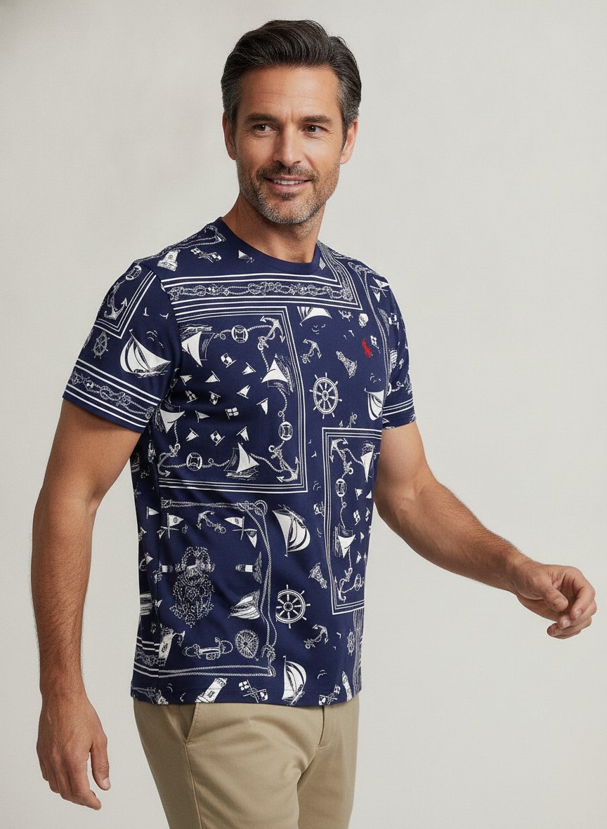 T-Shirt, Custom Slim Fit, Baumwolle, navy gemustert