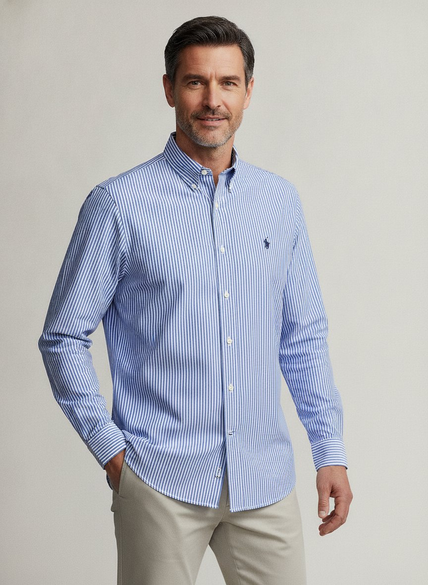 Hemd, Custom, Baumwoll-Stretch,  Button-Down, blau gestreift
