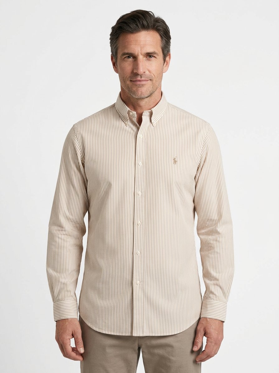 Hemd, Custom, Baumwoll-Stretch,  Button-Down, khaki gestreift