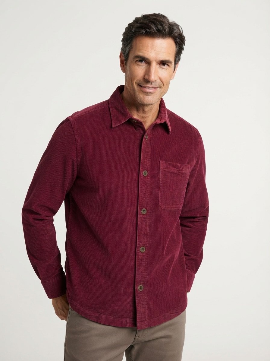 Overshirt, Cord-Stretch, Kent, Brusttasche, weinrot