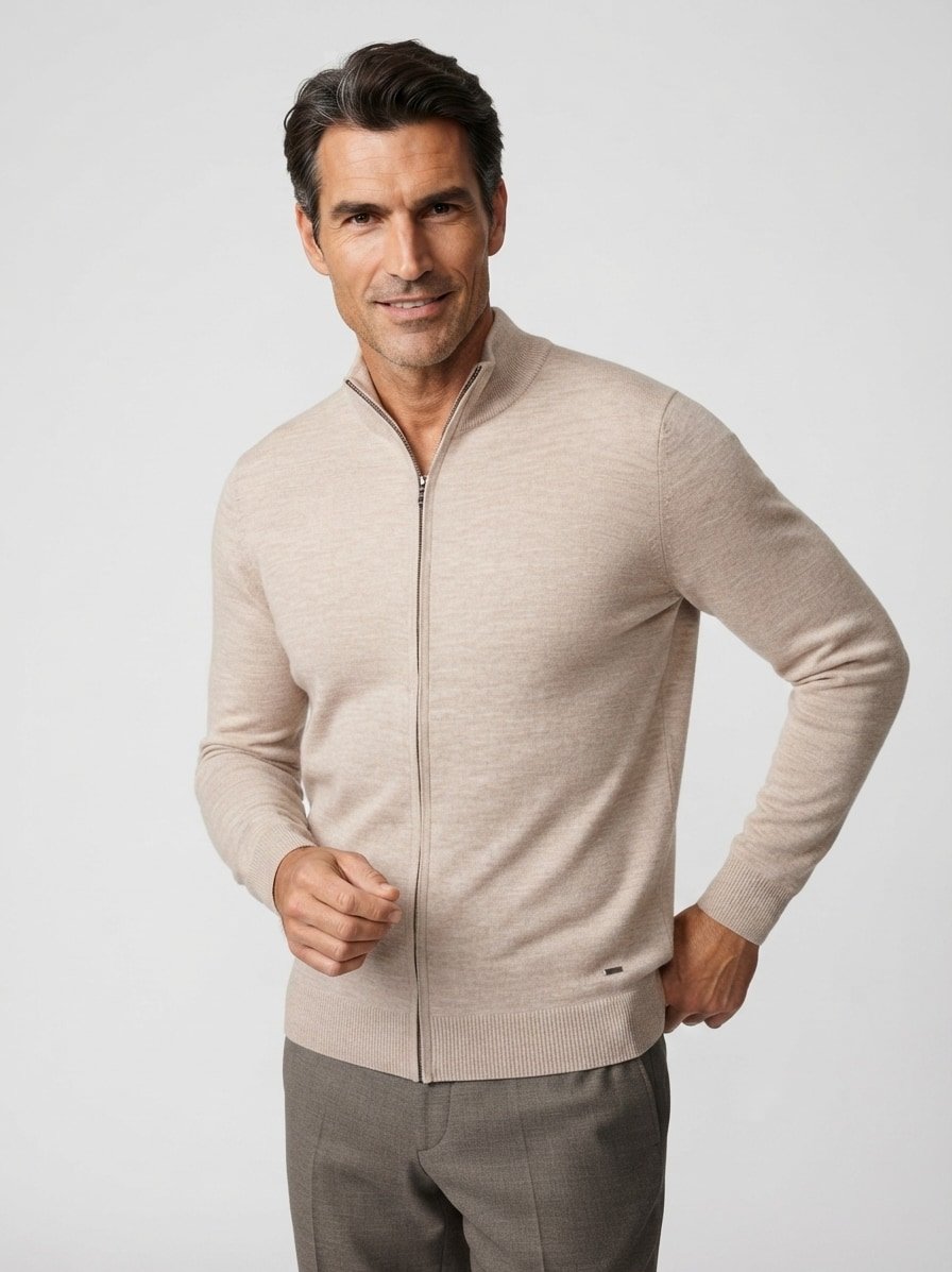Cardigan Davis, Merinowolle extrafein, beige meliert