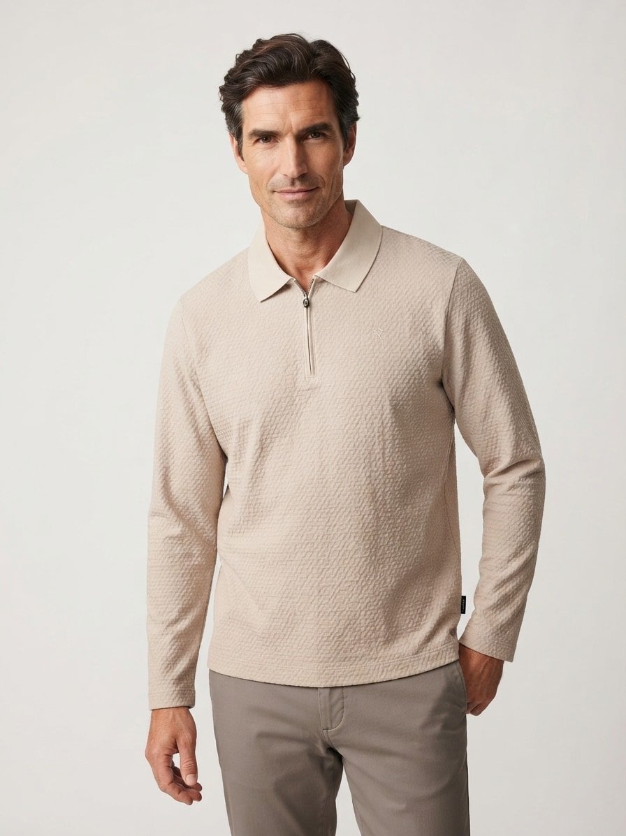 Zip-Polo Turvin, Baumwoll-Strick mercerisiert, beige strukturiert